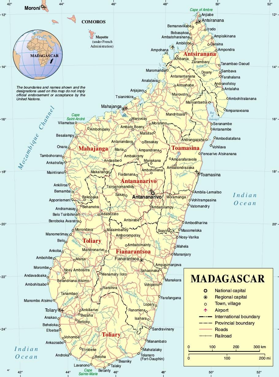 मेडागास्कर के नक्शे के साथ शहरों